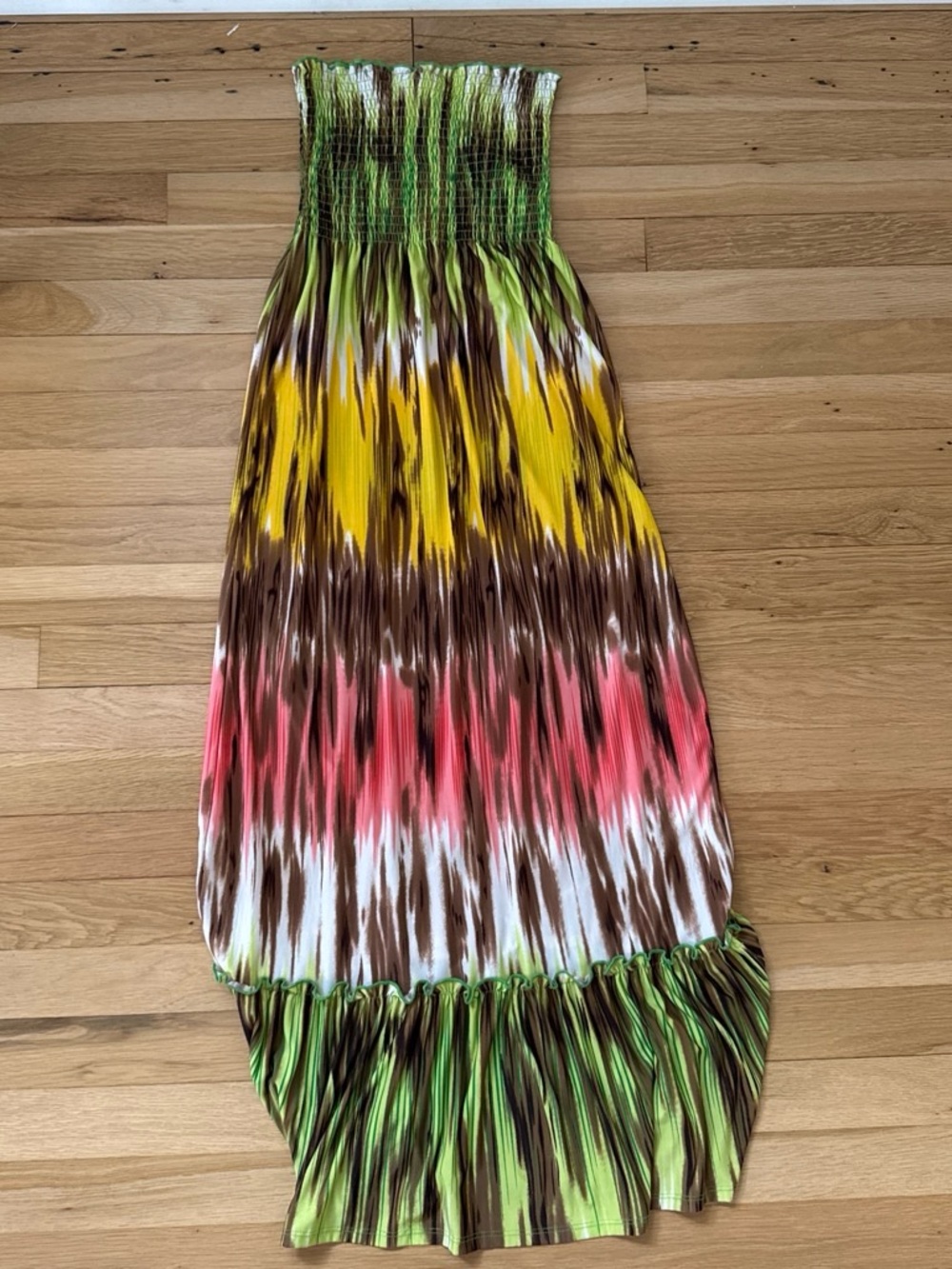 Steve Madden Strapless Smocked Multicolor Maxi Dress with Green Accent